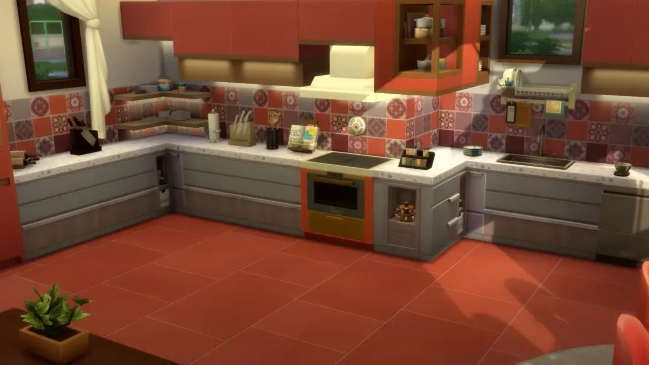 Kuchnia z czerwonymi szafkami i płytkami. W tle okno. Można tu wprowadzić kody na debug the Sims 4, by dodać więcej detali.