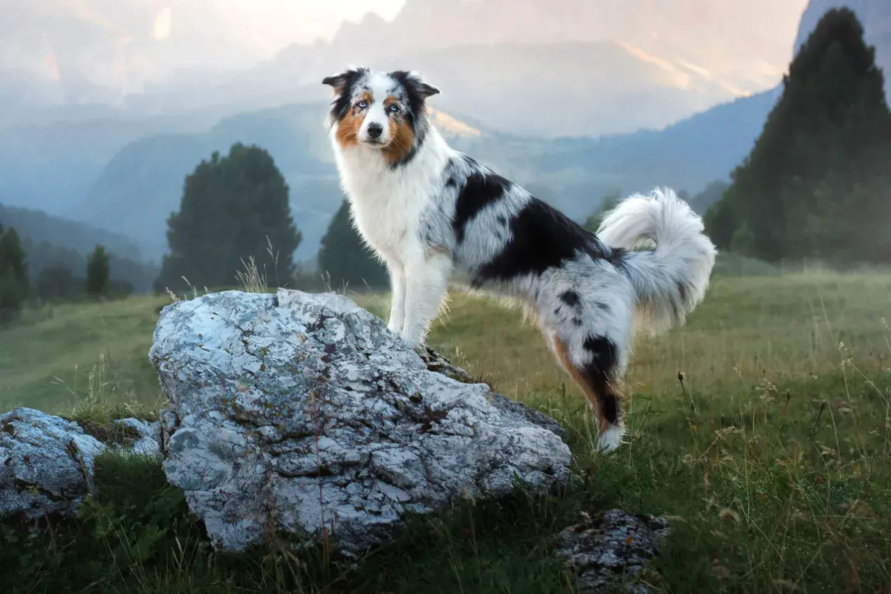 Ein bunter Mini Australian Shepherd Labrador Mix steht auf einem Felsen in den Bergen.