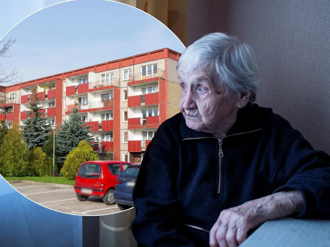 Starsza pani spogląda przez okno na blok mieszkalny, być może zastanawiając się nad swoim dodatkiem mieszkaniowym.