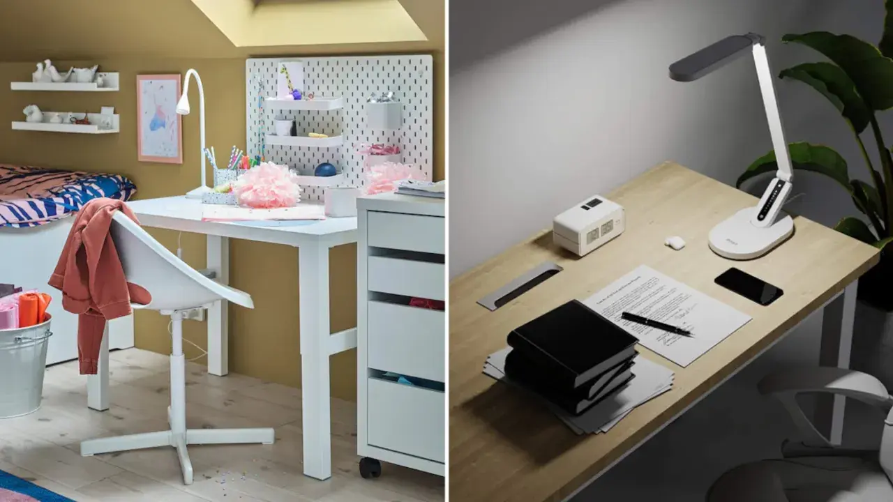 Dos escritorios, uno con un flexo blanco y decoración infantil, otro con un flexo moderno, libros y un móvil.
