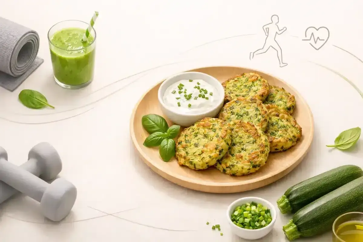 Placki z cukinii na talerzu, obok dipu, zielonego smoothie, cukinii i hantli.