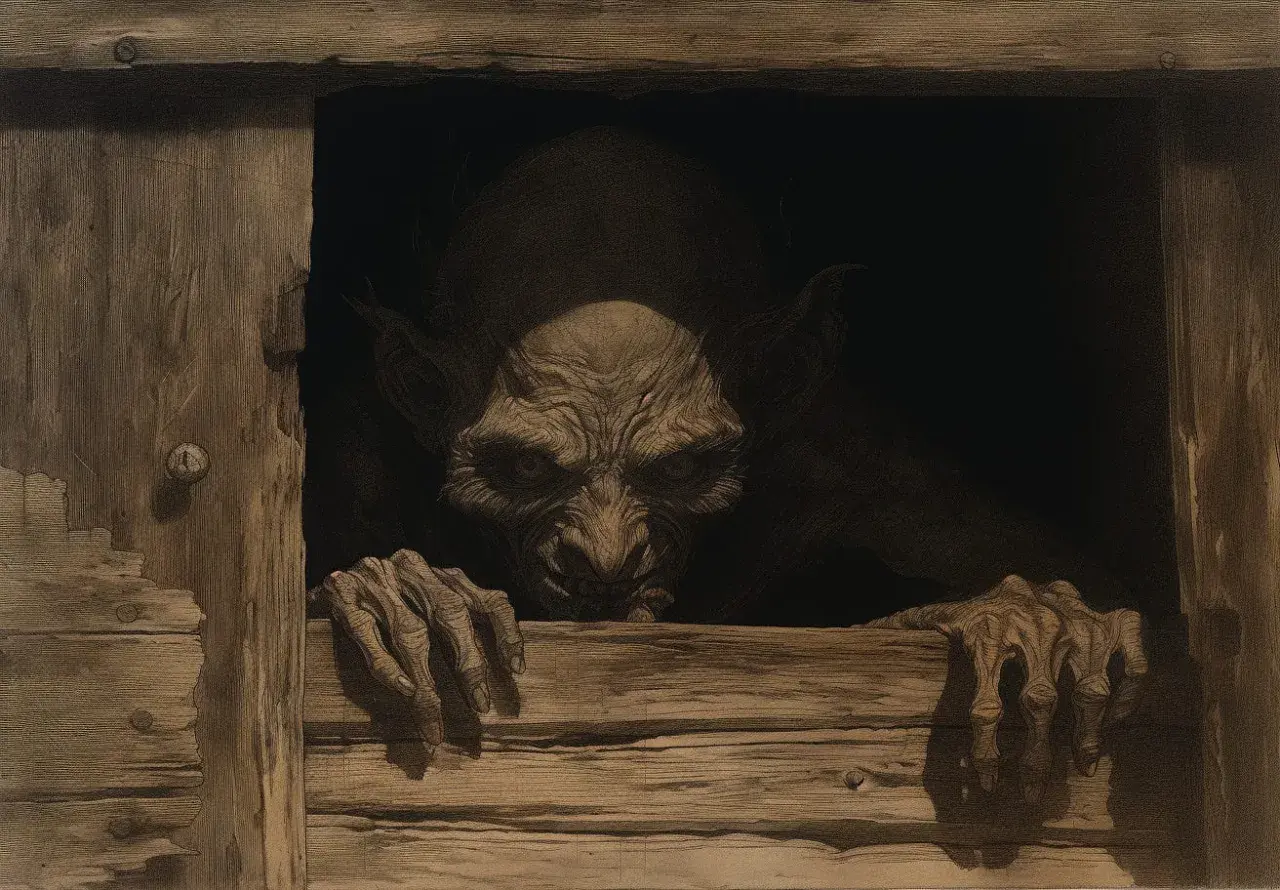 Potwór o przerażającej twarzy i szponiastych dłoniach wychyla się z ciemności, jakby z okładki albumu **black metal**.