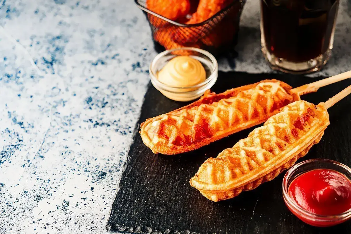 Dwa chrupiące corn dogi na patykach, podane z ketchupem i musztardą. Idealny przepis na corn doga na szybką przekąskę.