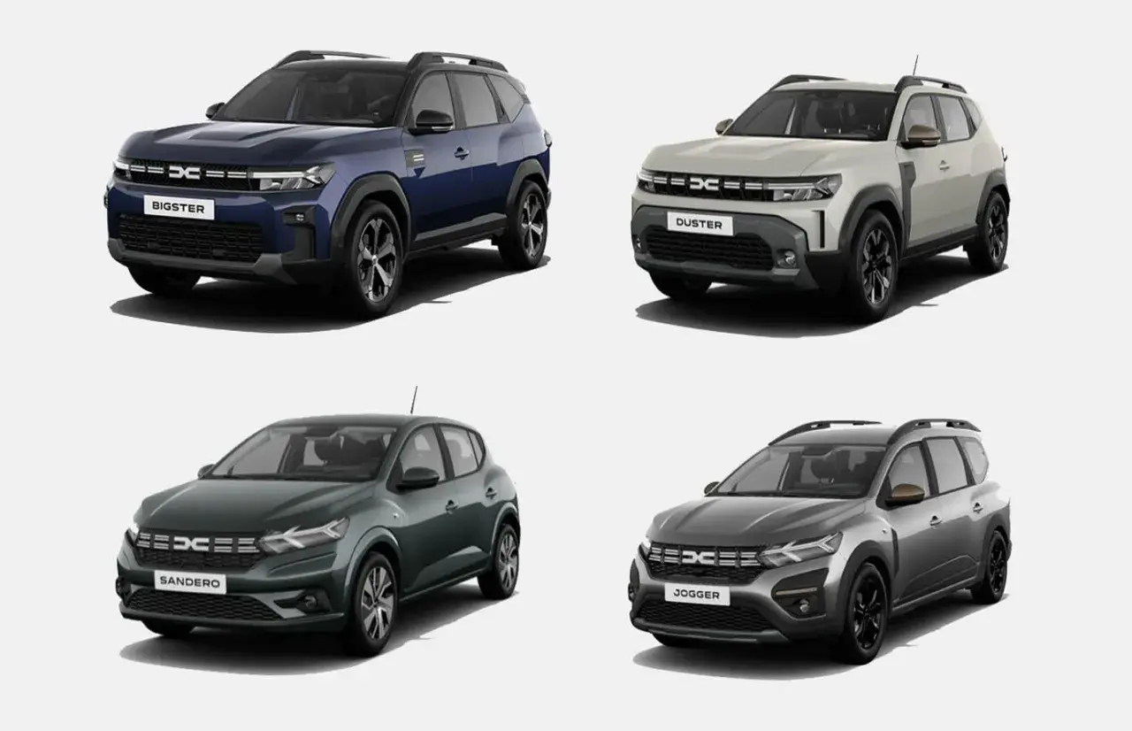 Cztery modele Dacia: Bigster, Duster, Sandero i Jogger. Wyobraź sobie, że każdy z nich to dacia hybryda, gotowa na ekologiczną podróż.