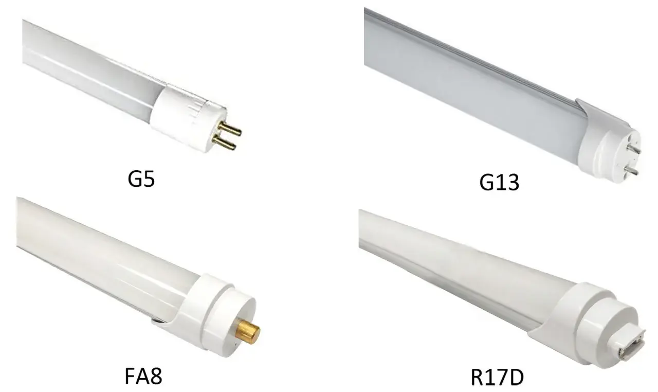 Comparativa de tamaños de tubos led: G5, G13, FA8 y R17D, mostrando sus diferentes conectores.
