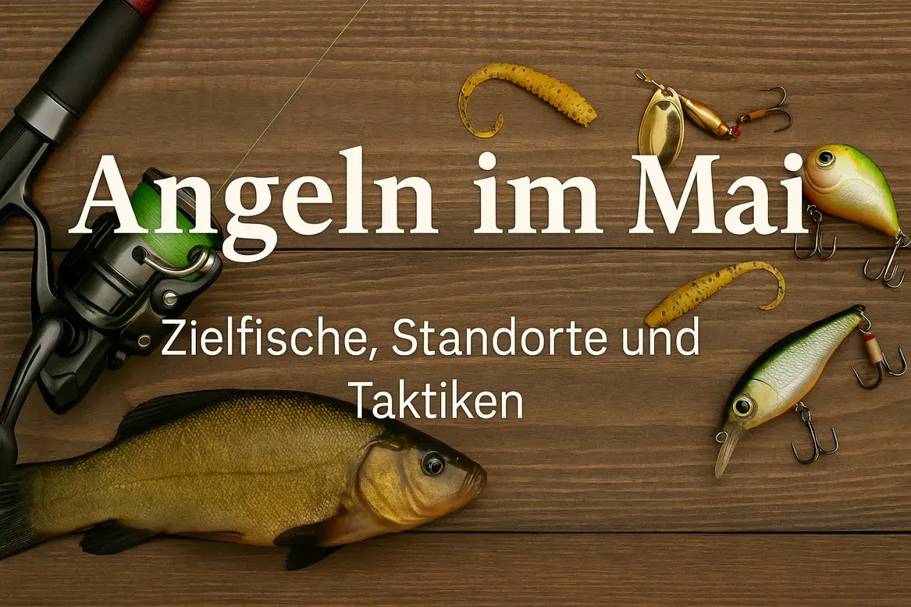 Angel-Ausrüstung und ein Fisch liegen auf Holz. Text: Angeln im Mai. Zielfische, Standorte und Taktiken.