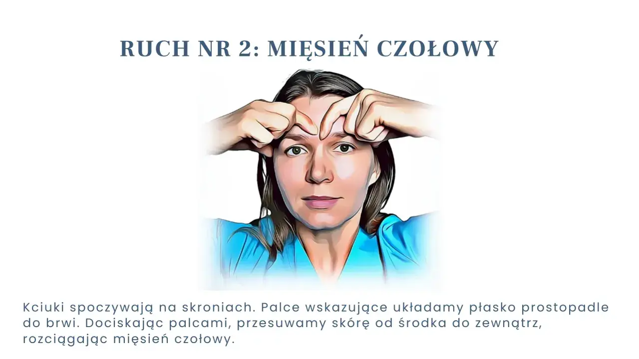 Masaż twarzy: ruch nr 2, mięsień czołowy. Palce wskazujące od brwi do skroni, przesuwając skórę od środka na zewnątrz.