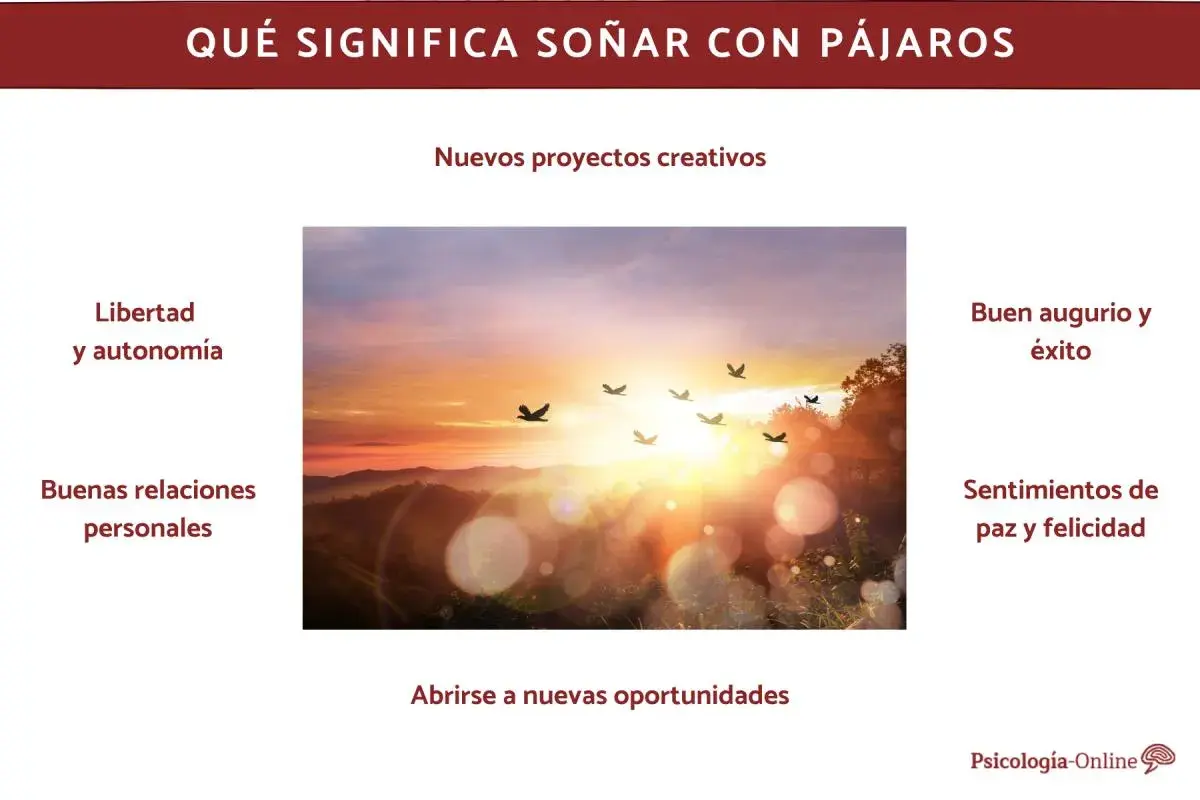 Un amanecer con pájaros volando, simbolizando libertad y nuevos proyectos. No se trata de soñar con pájaros muertos, sino de augurios positivos.
