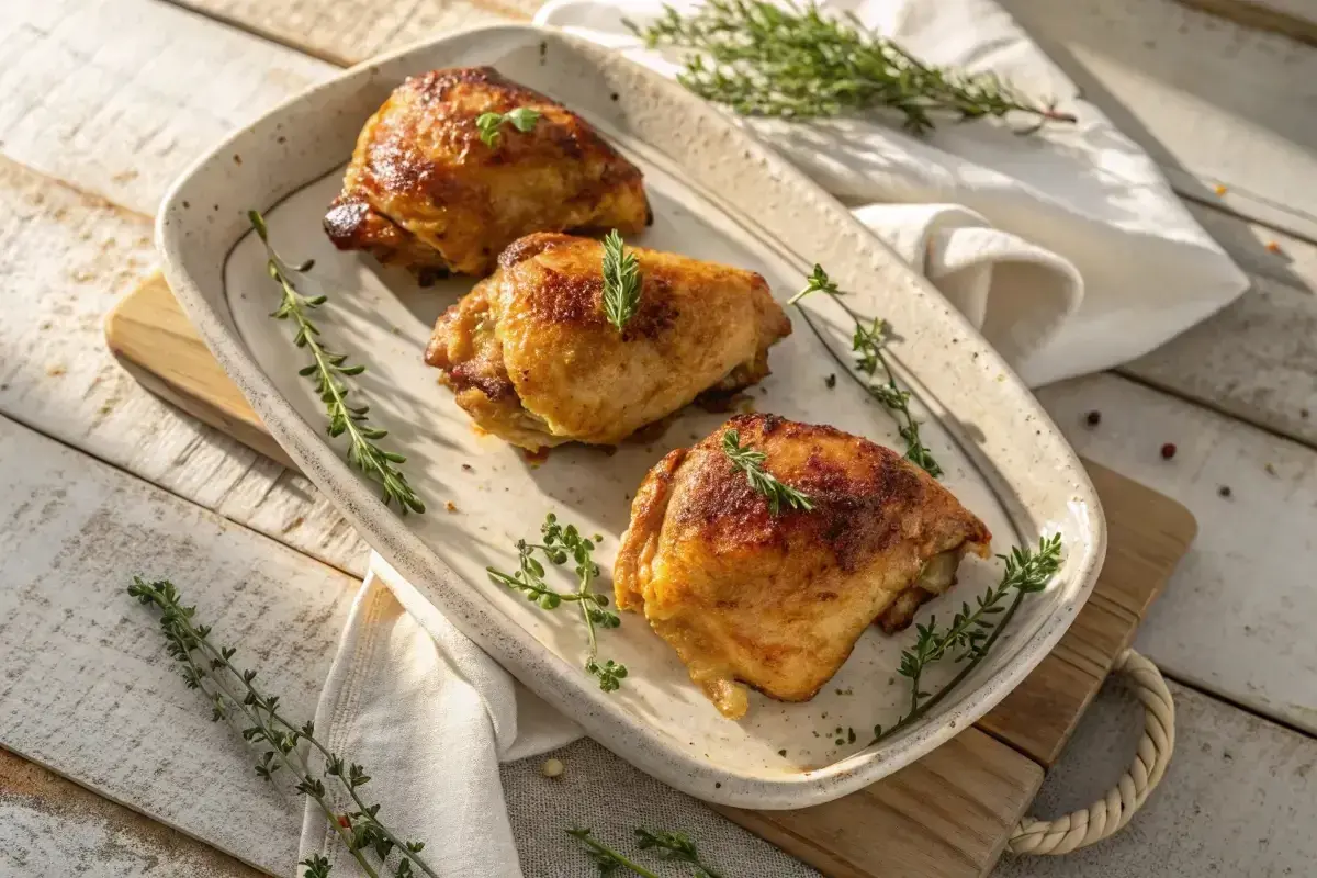 Trois belles cuisses de poulet au four, dorées et savoureuses, garnies de thym frais sur un plat en céramique.