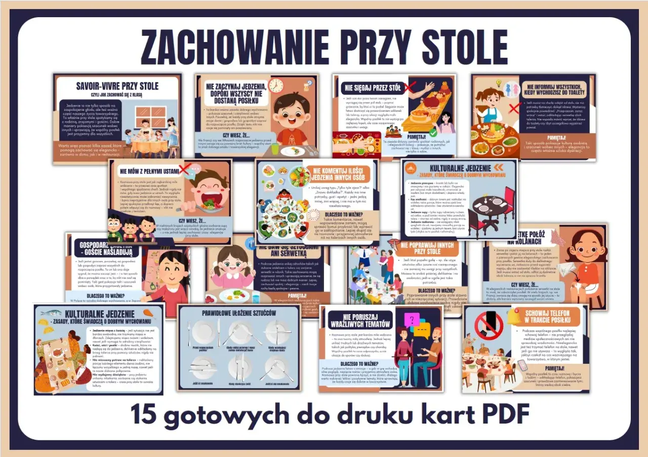 Zasady savoir-vivre przy stole dla dzieci: nie zaczynaj jeść pierwszy, nie mów z pełnymi ustami, nie komentuj jedzenia innych, nie sięgaj przez stół.