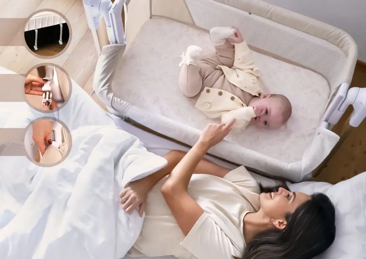 Mama i dziecko w łóżeczku. Kołyska automatyczna ułatwia opiekę, mocowana do łóżka rodziców.