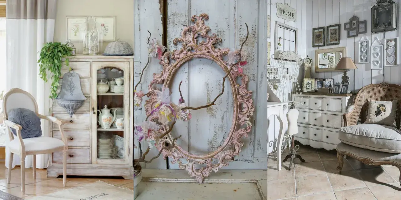 Uroczy salon w stylu shabby chic: biała komoda, ozdobna rama, krzesło z wikliny i stylowe dodatki tworzą przytulną atmosferę.