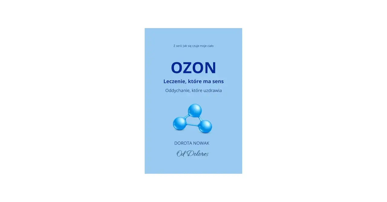 Grafika przedstawia symbol cząsteczki ozonu na jasnoniebieskim tle z tekstem.