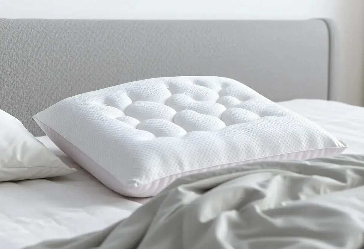 A white pillow with a textured surface rests on a bed, showing how a pillow should support you with its unique design for ultimate comfort.
