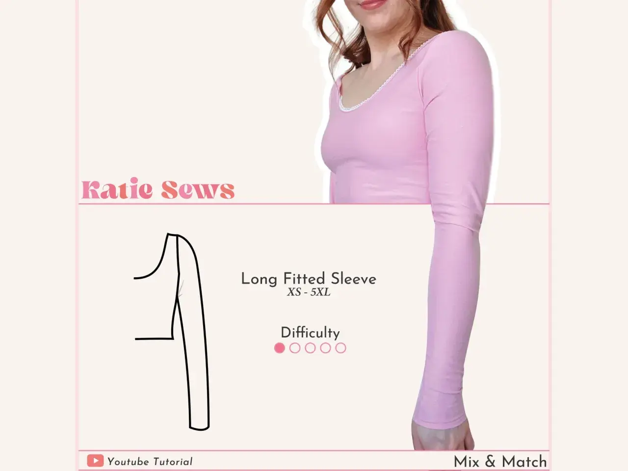 A pink long sleeve shirt pattern is shown, with text indicating "Long Fitted Sleeve" in sizes XS-5XL and difficulty level.