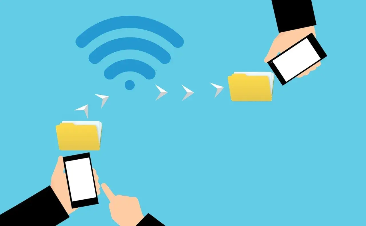Dwa telefony wymieniają dane przez Wi-Fi. Szybki transfer plików między urządzeniami.
