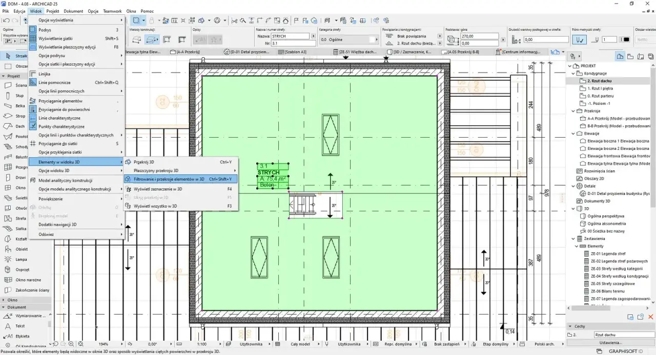 Jak obliczyć powierzchnię użytkową poddasza? Na ekranie widać program do projektowania, gdzie na planie strych oznaczono jako A: 75,4 m².