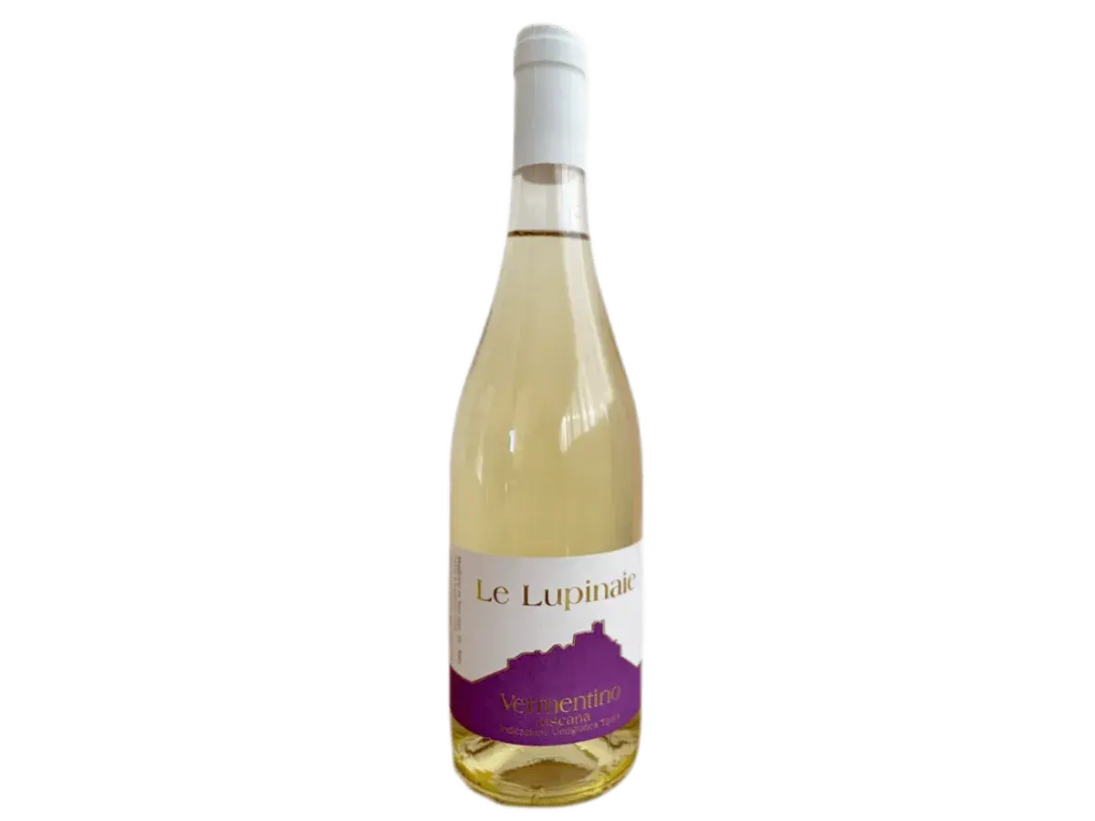 Butelka wina Le Lupinaie Vermentino, z etykietą przedstawiającą fioletowy zamek.