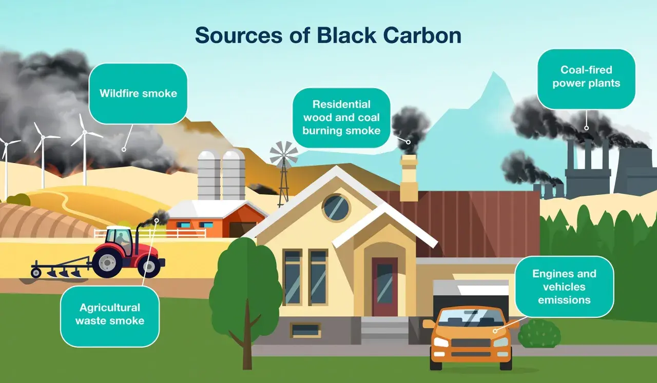Diversas fuentes emiten humo negro, incluyendo incendios forestales, quema de leña y carbón en hogares, quema de desechos agrícolas, plantas de energía de carbón y emisiones de vehículos.