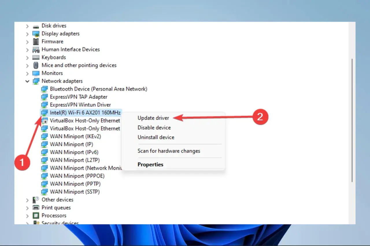 Menedżer urządzeń pokazuje, że Windows 10 nie widzi WiFi. Kliknij "Zaktualizuj sterownik" dla karty Intel(R) Wi-Fi 6 AX201 160MHz.