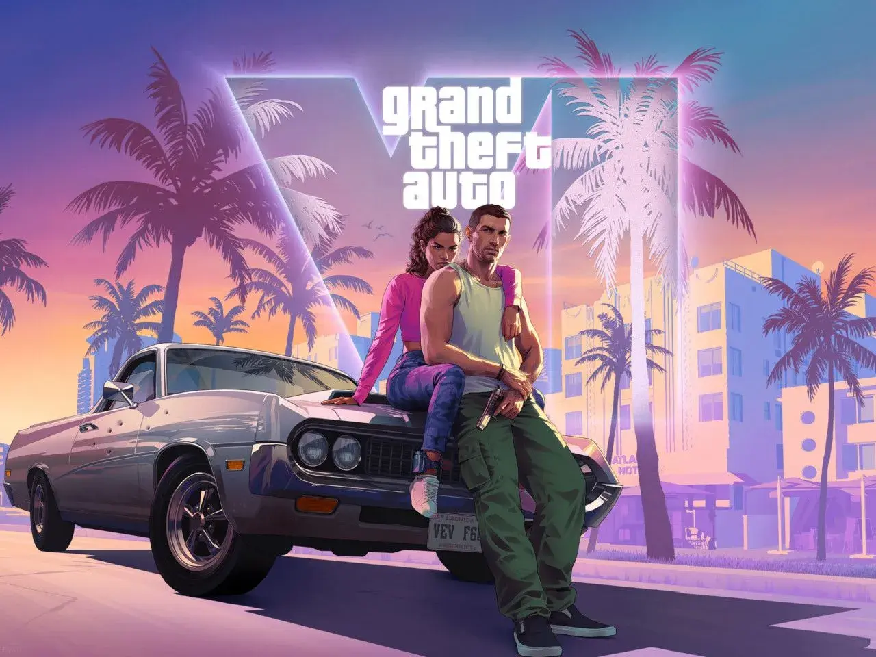 Para GTA 6 wymagania, para siedzi na samochodzie na tle palem i neonów.