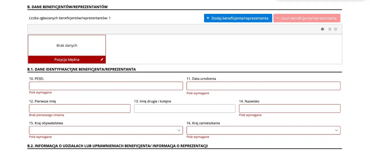 Formularz do wprowadzania danych beneficjenta rzeczywistego, widoczne pola PESEL, imię, nazwisko, data urodzenia. Centralny rejestr beneficjentów rzeczywistych.