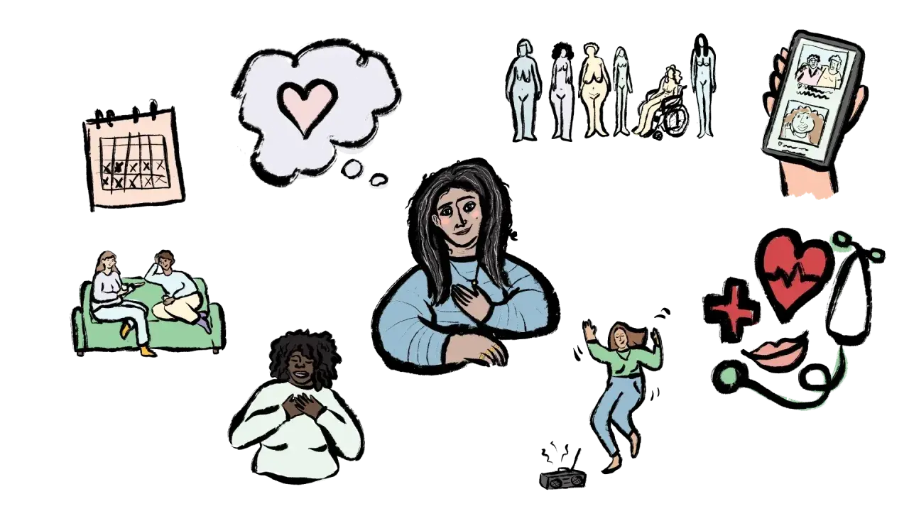 Der Megatrend Gesundheit: Menschen denken über Liebe nach, tanzen, treffen sich und kümmern sich um ihr Wohlbefinden.