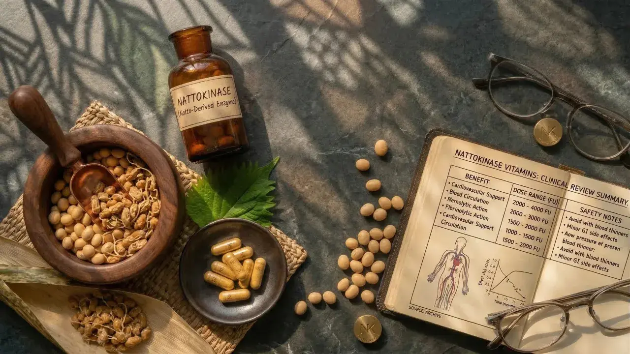 Nattokinase a cosa serve? Soia, capsule e un libro che illustra i benefici per la circolazione sanguigna.