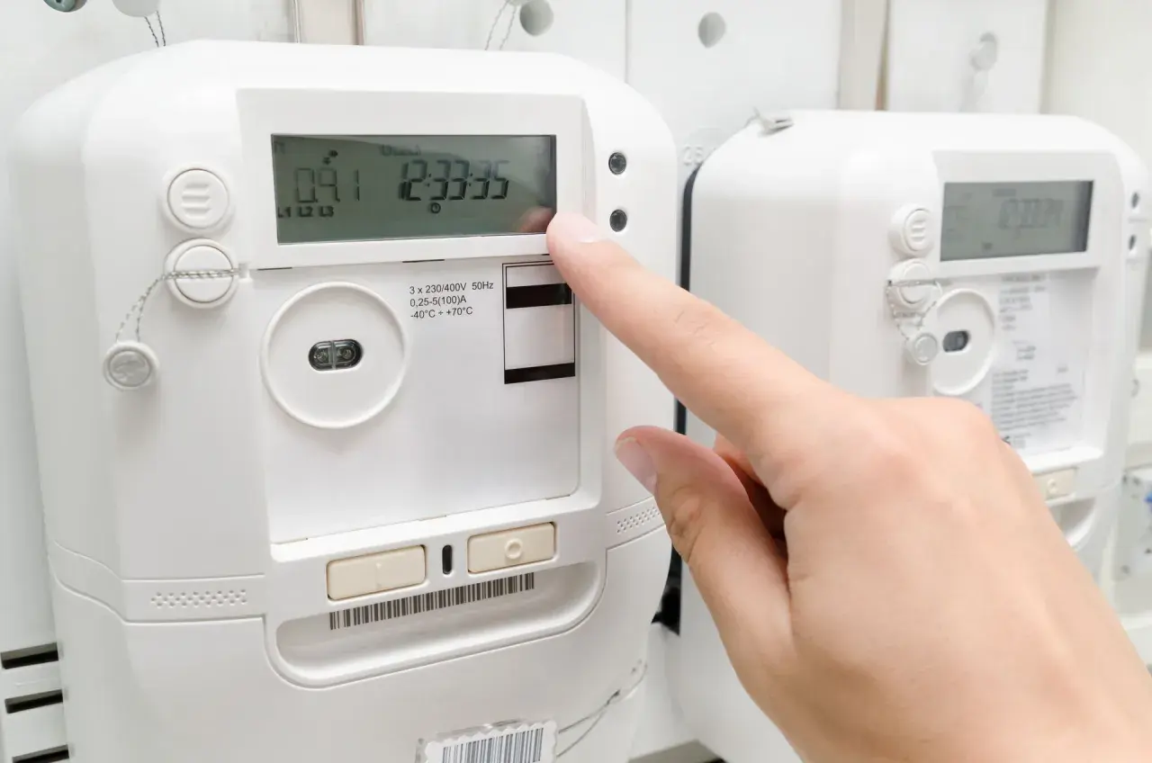 Palec naciska przycisk licznika energii elektrycznej, monitorując pobór prądu.
