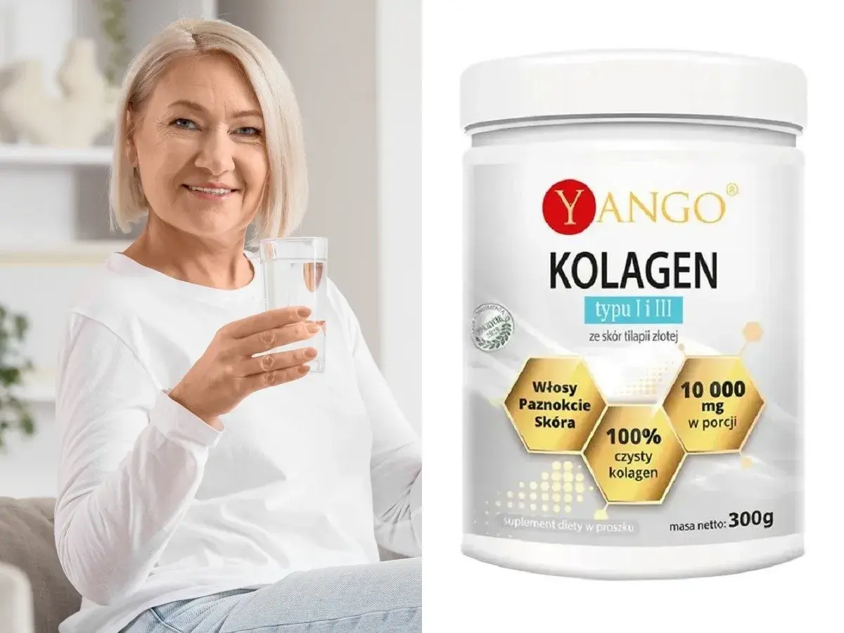 Uśmiechnięta kobieta z wodą w ręku obok opakowania Yango Kolagen na skórę, włosy i paznokcie.