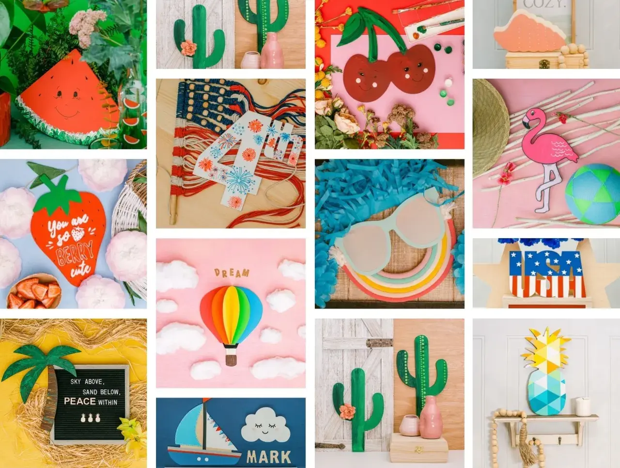 Collage de manualidades de verano: sandía, cactus, cerezas, flamenco, piña, globo aerostático. ¡Un dibujo fácil para el verano!