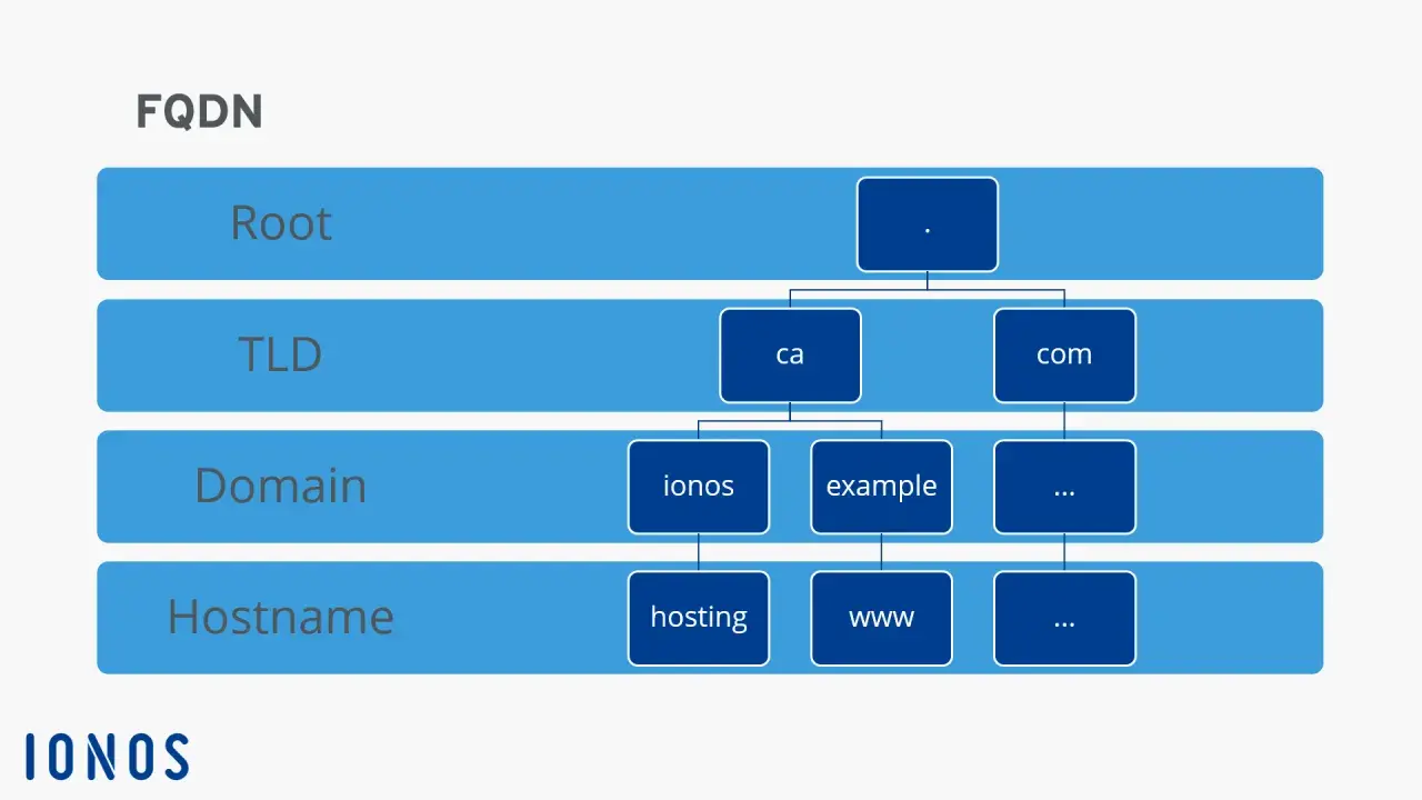Schéma FQDN : Root, TLD (ca, com), Domain (ionos, example), Hostname (hosting, www).