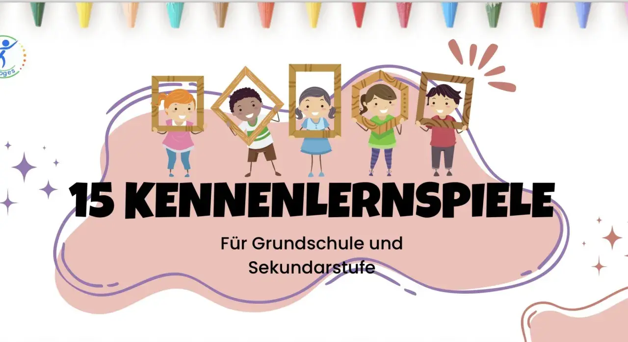 Fünf Kinder halten bunte Bilderrahmen, bereit für ein kurzes Kennenlernen. "15 Kennenlernspiele" steht groß geschrieben.