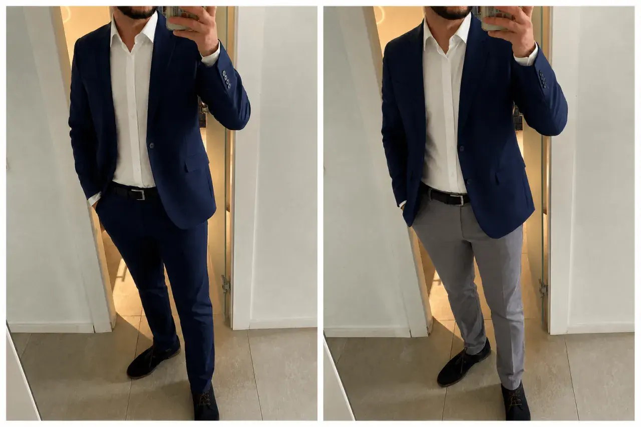Mann im dunkelblauen Sakko mit weißem Hemd und dunkler Hose links, rechts mit grauer Hose.