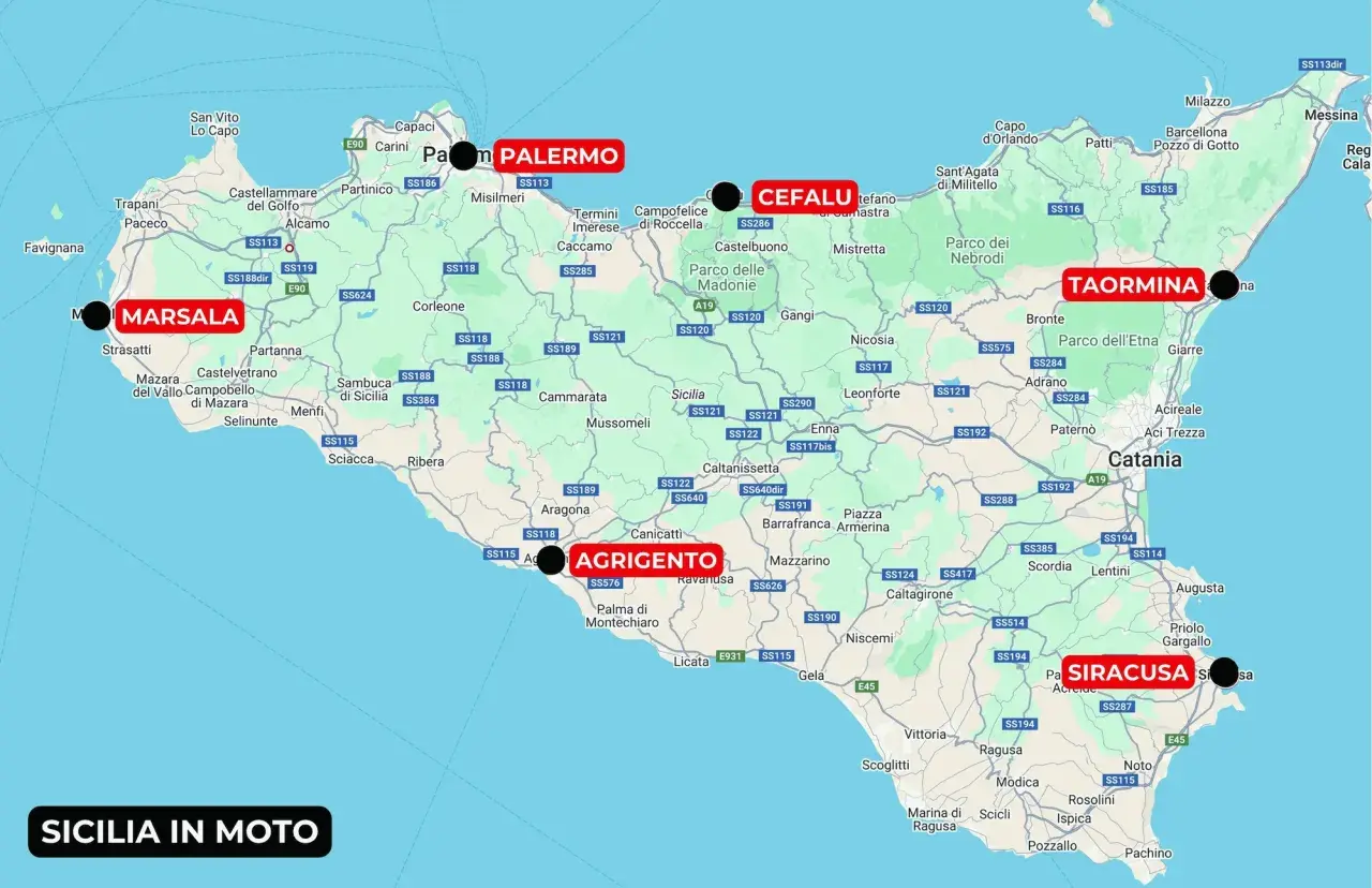 Mappa della Sicilia con itinerari per moto. Dove dormire tra Palermo, Cefalù, Taormina, Agrigento e Siracusa.
