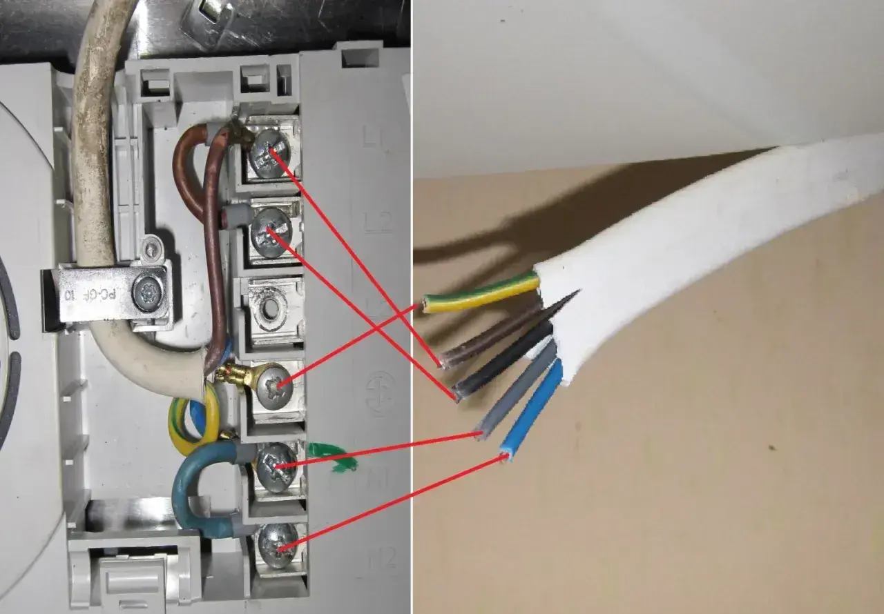 Połączenia elektryczne: przewody fazowe, neutralne i ochronne podłączone do zacisków.