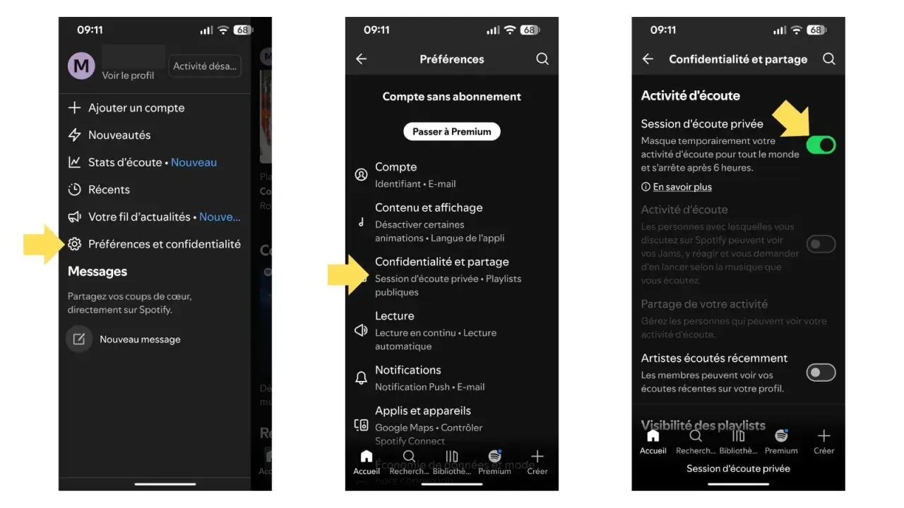 Accédez aux paramètres de confidentialité pour activer la session d'écoute privée et ainsi augmenter votre contrôle sur Spotify.