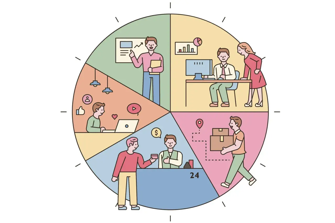 Ein Kreisdiagramm zeigt verschiedene Tätigkeiten: Präsentation, Büroarbeit, Online-Shopping, Bezahlen, Lieferung. Effizient arbeiten, um die **Arbeitszeit reduzieren** zu können.