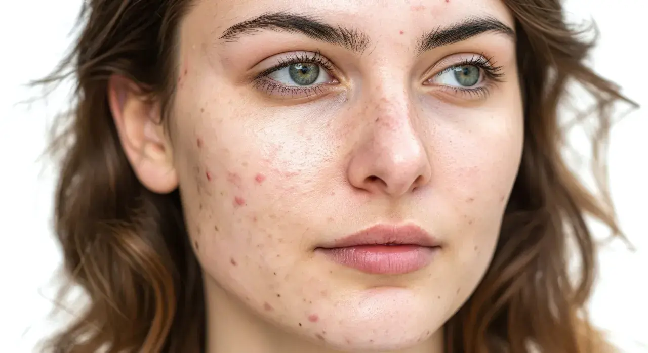 Primo piano del viso di una giovane donna con evidenti imperfezioni cutanee, che illustra le cause dell'acne in età adulta.