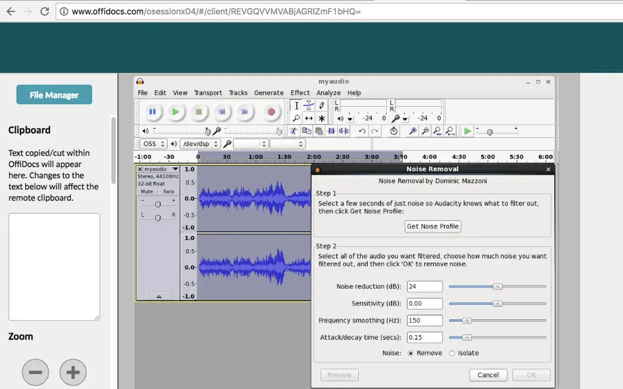 Edytor dźwięku Audiacity z oknem usuwania szumów. Użytkownik konfiguruje parametry redukcji hałasu.