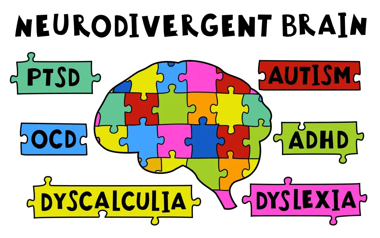 Il cervello neurodivergente è un puzzle colorato, con pezzi che rappresentano autismo, ADHD, dislessia, discalculia, PTSD e OCD.
