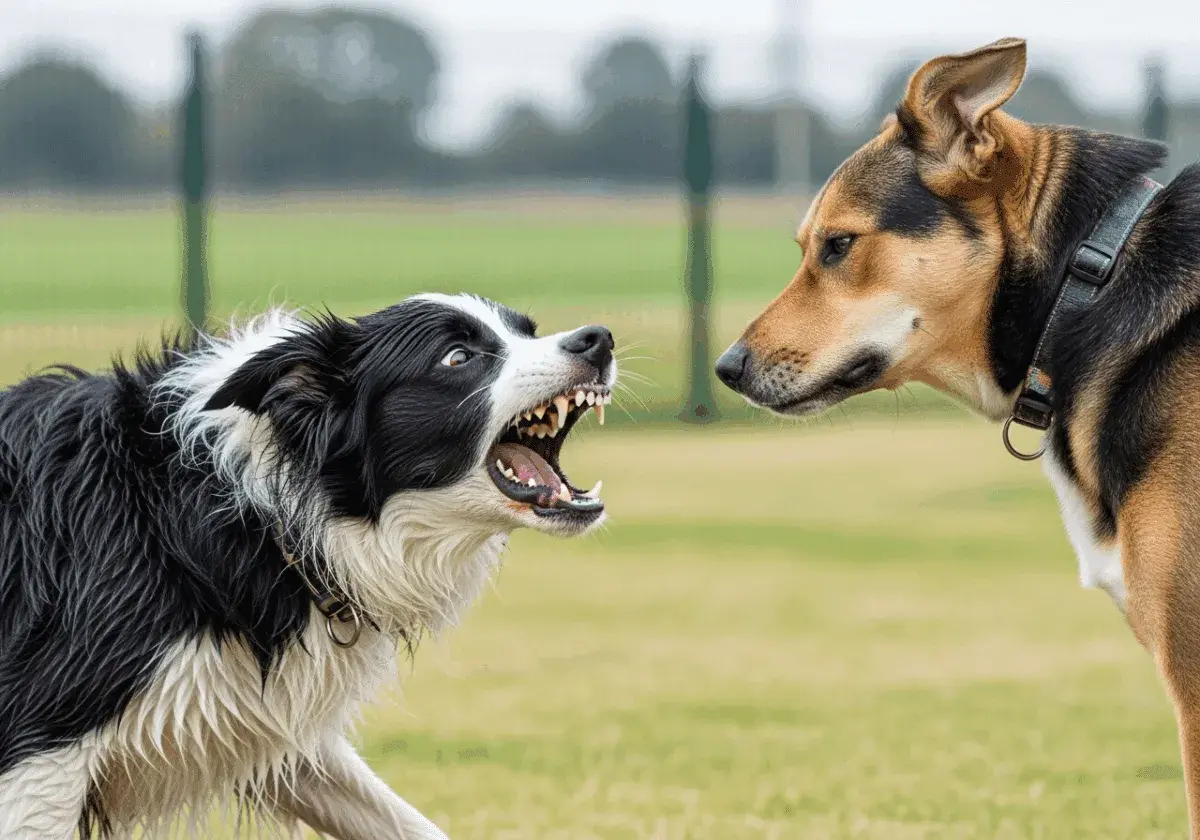 ¡Mi perro me gruñe y enseña los dientes! Un border collie negro y blanco se enfrenta a otro perro, mostrando sus colmillos en un momento tenso.