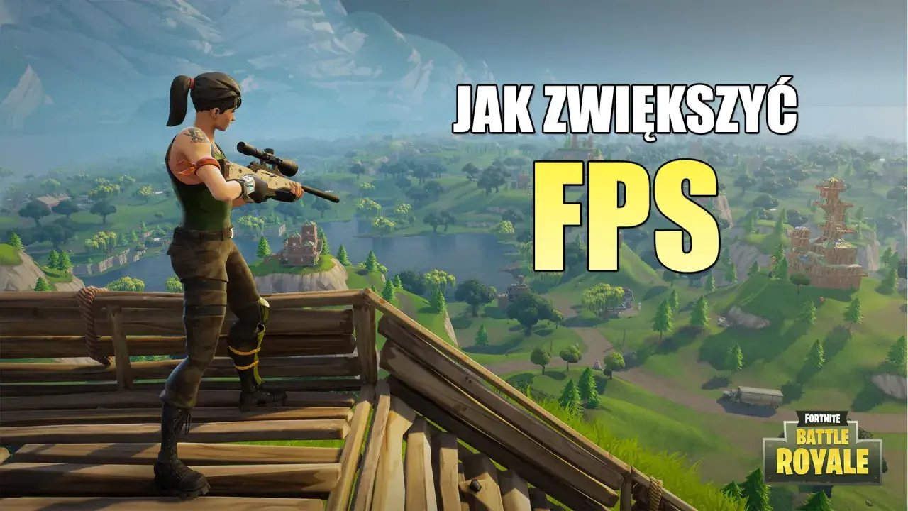 Postać z gry Fortnite z karabinem na tle krajobrazu. Napis "JAK ZWIĘKSZYĆ FPS" sugeruje poradnik dotyczący optymalizacji gry, uwzględniający Fortnite wymagania.