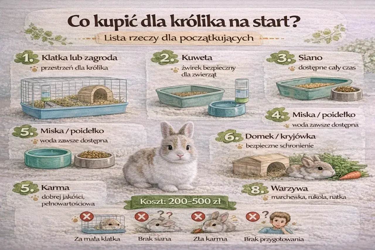 Lista rzeczy, co potrzebuje królik do klatki: klatka, kuweta, siano, miski, domek, karma i warzywa.