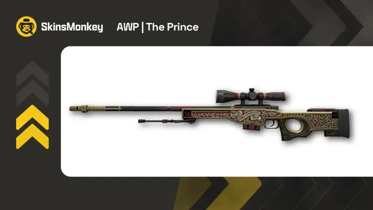 AWP | The Prince, jeden z najdroższych skinów CS, prezentuje bogate zdobienia w kolorach złota i czerwieni.