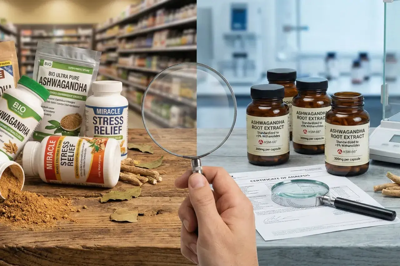 Des flacons d'ashwagandha, certains en poudre, d'autres en gélules, sont examinés sous une loupe. Les bienfaits de l'ashwagandha pour le stress sont mis en avant.