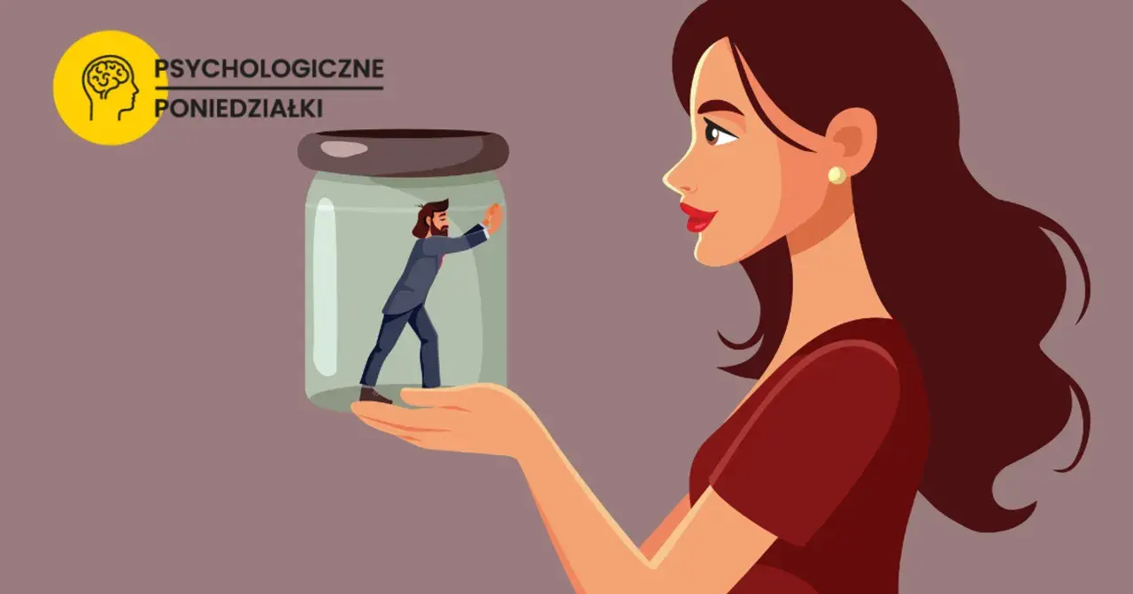 Kobieta trzyma słoik, w którym mężczyzna próbuje się wydostać. Ilustracja symbolizuje zachowanie narcyza, który czuje się uwięziony w swojej wyidealizowanej wizji siebie.