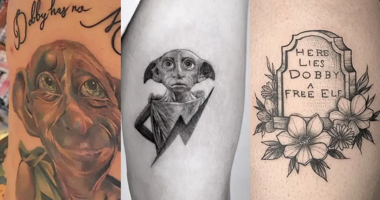 Trzy tatuaże z Dobbym: portret, postać z piorunem i nagrobek z napisem "HERE LIES DOBBY A FREE ELF".
