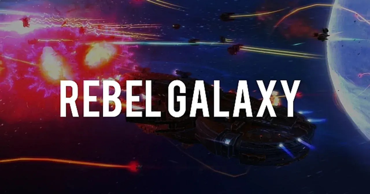Bitwa kosmiczna w grze Rebel Galaxy. Statki walczą w przestrzeni, eksplozje i lasery.
