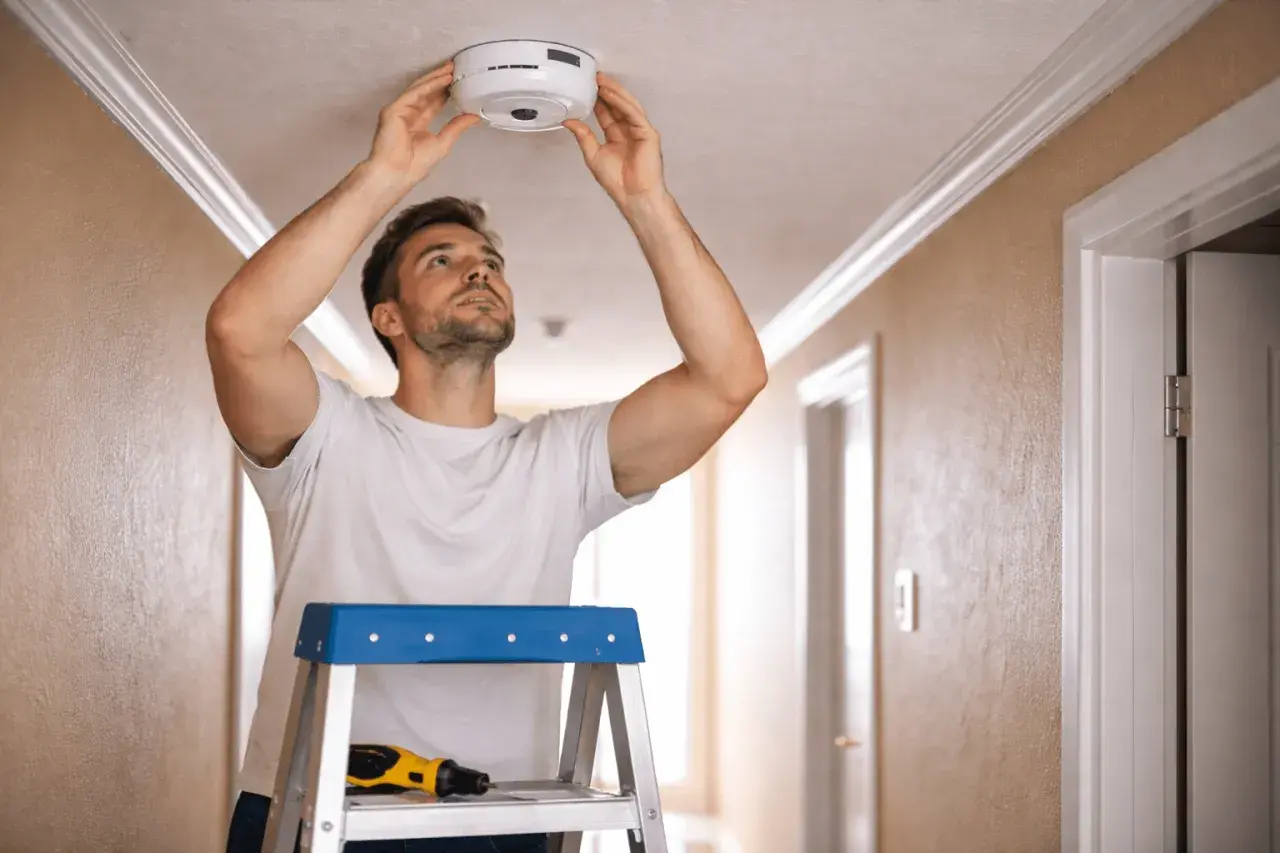 Un homme installe un détecteur de fumée au plafond, pensant à la durée de vie du détecteur de fumée pour sa sécurité.